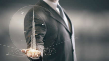 Businessman in the future with futuristic technology with landmarkの写真素材