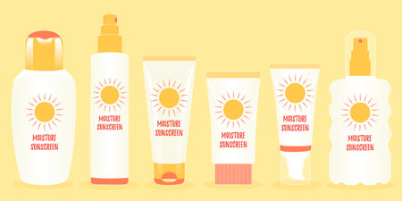 Bundle of packages, jars for protection from the sun. Ultraviolet solar radiation. Moisture sunscreen. Editable vector illustrationのイラスト素材