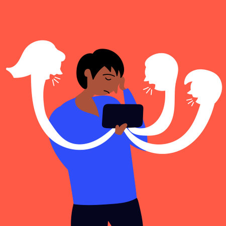 The guy is discussed and insulted on social networks. Trolling, hating. Stressful situations negative comments on the Internet. Editable vector illustrationのイラスト素材