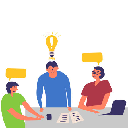 Office employees are holding a meeting. They are looking for a solution to the problem and are negotiating. ideas. Brainstorm. vector editable illustrationのイラスト素材