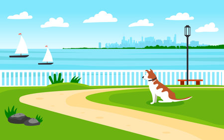 landscape by the sea. seafront. The dog looks into the distance to the shore. view of the metropolis. sailing boats. Editable vector illustrationのイラスト素材