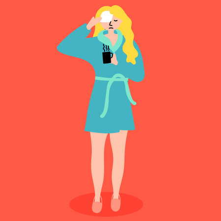 The girl got sick, caught a cold, feels bad, her head hurts. Stressful situations are a disease. Editable vector illustrationのイラスト素材