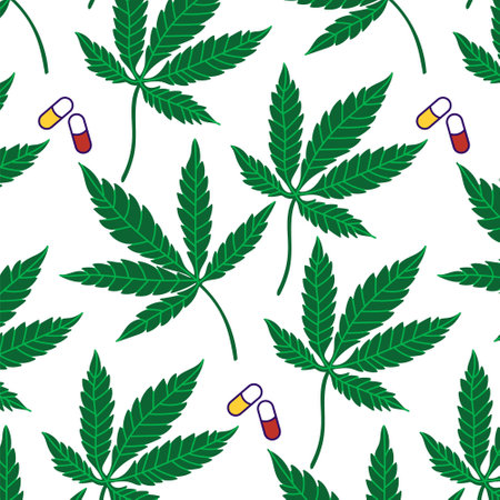 Cannabis leaf with pill pattern. plant background. CBD medicinal oil. vector editable file eps 10のイラスト素材