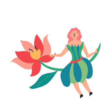 Fairy-tale character fairy sitting on a flower sprig. Fairytales. Editable Vector Illustrationのイラスト素材