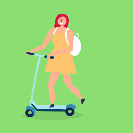 The girl rides an electronic transport scooter. Eco-friendly transport. vector editable fileのイラスト素材
