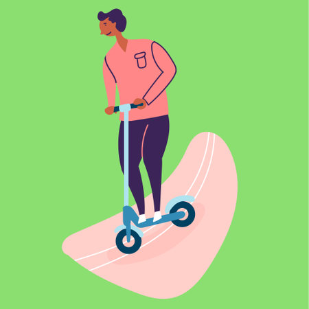 Tanned guy rides a scooter on the asphalt. Eco-friendly transport. vector editable fileのイラスト素材