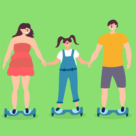 Family with a child ride on a hoverboard. Eco-friendly transport. vector editable fileのイラスト素材