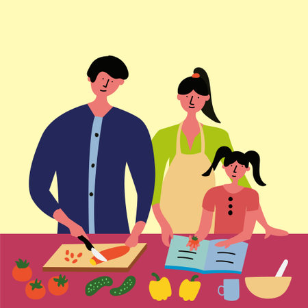 The family prepares breakfast, lunch, dinner according to the recipe. Health food. Vector  file editableのイラスト素材