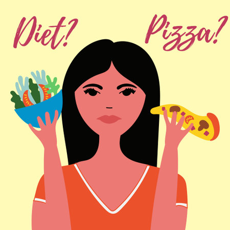The girl thinks what to choose a diet or pizza. Health food. vector editable fileのイラスト素材