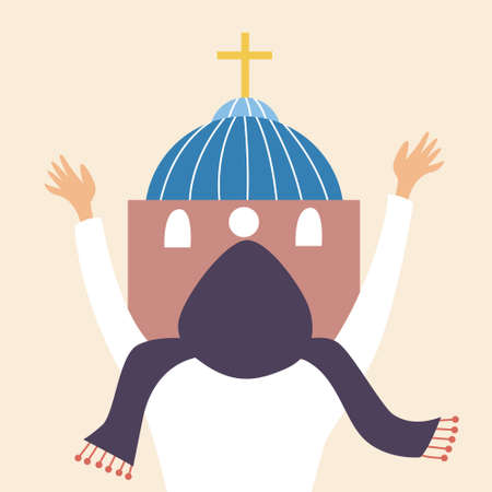 A religious Christian prays at the Church. A believer in a headscarf bows down and praises God. Pilgrimage. vectorのイラスト素材