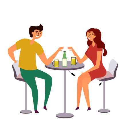 A girl and a guy drinking beer. A couple gathered at a common table drinking and having fun. Romantic date at the bar. Bar table and chairs. Alcoholic beverage. vectorのイラスト素材