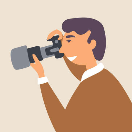 A young man photographs with a SLR camera in a natural environment. Photographerのイラスト素材