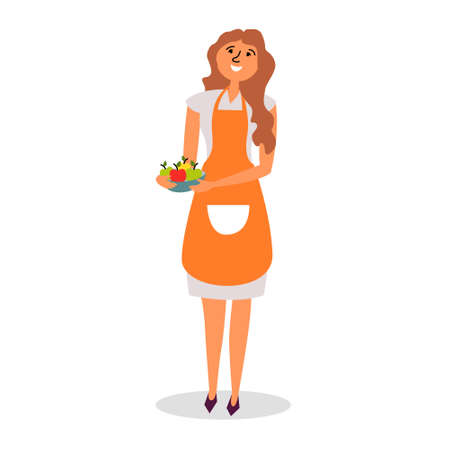 A girl in an apron carries a tray of apples. Housewife cook, cooking dessert. vectorのイラスト素材