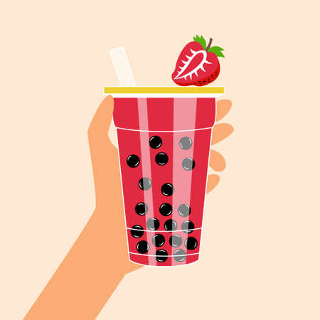 Bubble tea with tapioca and strawberries. milk smoothie. Cocktail with a straw. vectorのイラスト素材