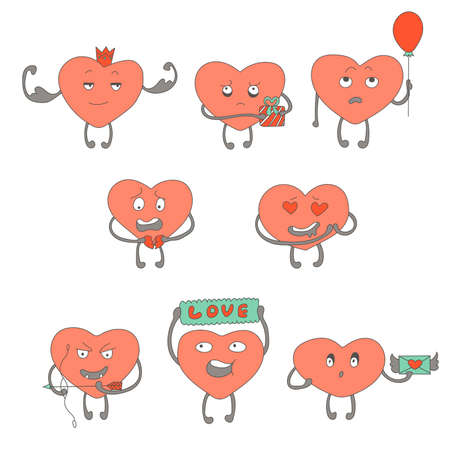 Characters of pink hearts in the form of stickers with different emotions on the faceのイラスト素材