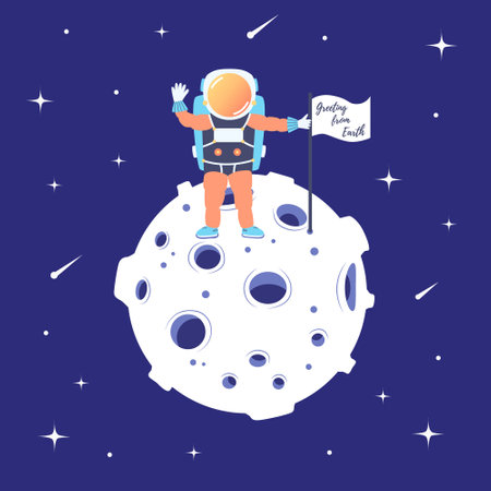 Astronaut stands on the moon with a flag. Landing on the satellite. Lunar mission. space excursion. starspace. Vectorのイラスト素材