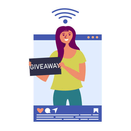 Girl influencer holds a giveaway on social networks. blogging in social networks. Blogger popular in...