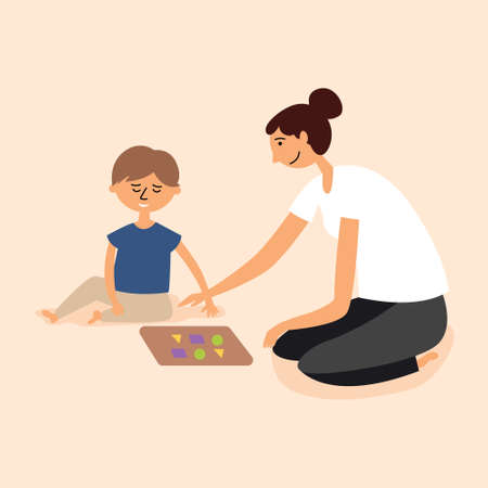 The nanny takes care of the child and plays. baby sitter. Vectorのイラスト素材
