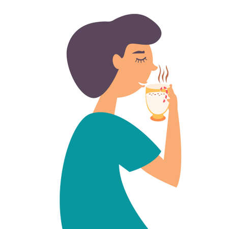 Guy drinks Christmas Eggnog. Tasty holiday drinks. Christmas party drink. Hot cocktail with cinnamon and creamy foamのイラスト素材