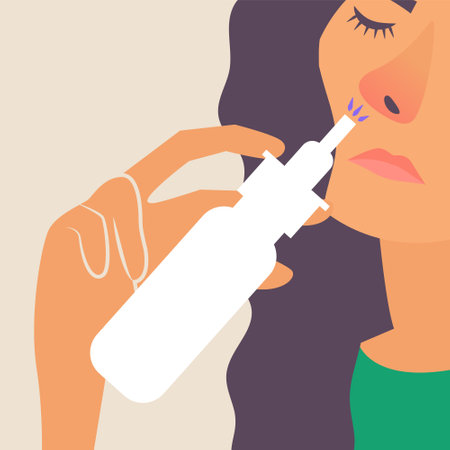 Girl with a runny nose. Treatment of a runny nose spray. Allergy. vectorのイラスト素材