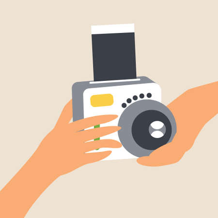Hands hold camera for instant shots. Photo card appears. lens. Gadget for photos. photocard. flat...