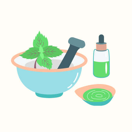 Mortar with a pusher preparation of essential oil from mint. cosmetic procedures. vectorのイラスト素材