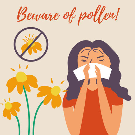 Girl with a handkerchief sneezes. Allergy. runny nose. Allergy to pollen flowers. Watch out for pollen. vectorのイラスト素材