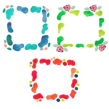 Set of spring watercolor original frames in the form of stones with white contours, leaves and flowers of rosesのイラスト素材