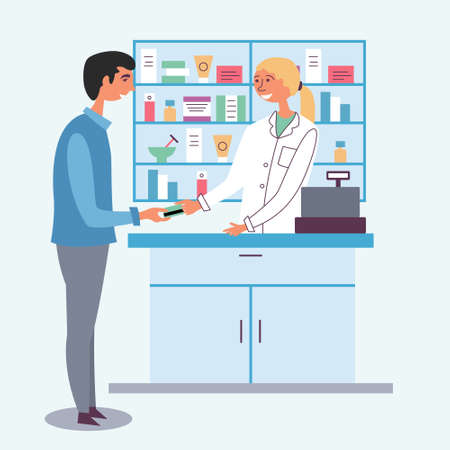 Pharmacist girl accepts payment from customer. Payment by credit debit card. Seller of medicines. The modern pharmacy. cash register. vectorのイラスト素材