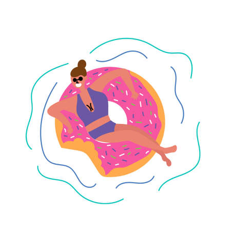 The girl swims and lies on an inflatable circle in the shape of a donut. mass tourism. Inspire to travelのイラスト素材