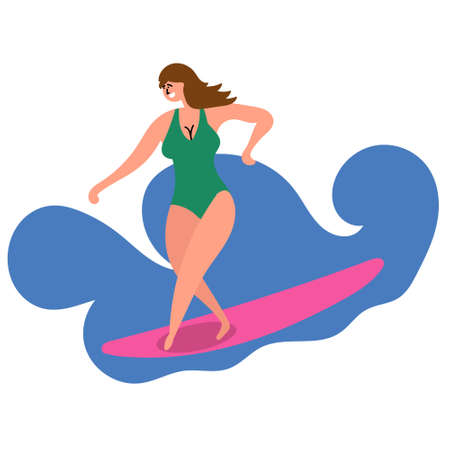 The girl caught the wave and rolls on a surfer board. Surfing in the ocean. mass tourism. Inspire to travel.のイラスト素材