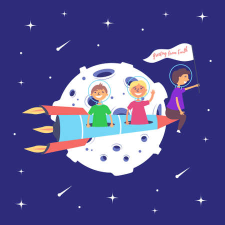 Children on a rocket fly to the moon. Lunar mission. space excursion. star space. vectorのイラスト素材