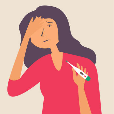 High body temperature in the girl, headache. Influenza, virus, infection. Vector editable...