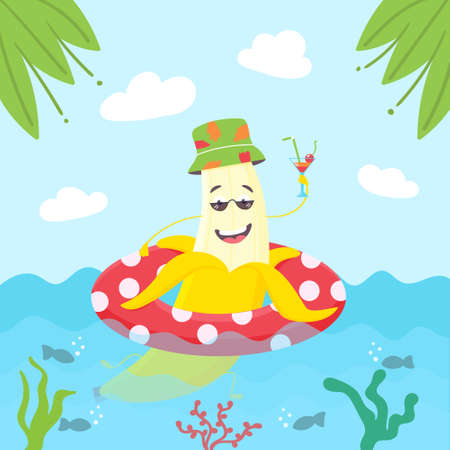 Summer banana character swims in an inflatable circle. Summer character in panama and cocktail. Yellow smiling fruit peel. vector illustrationのイラスト素材