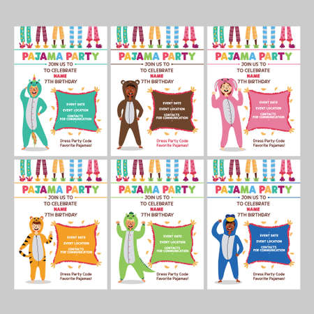 Set Pajama kids party invitation. Baby's birthday invite. One-sided invitation form with a girl and boy in Kigurumi pajamas. Children's pajama slippers. vectorのイラスト素材