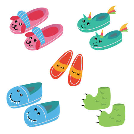 Set of funny kids pajama slippers. pajama party. Vector editable illustration
