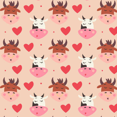 Cow and bull head pattern with kiss and hearts. Valentine's day digital paper with cute animals. Children repeatable gift wrap for lovers. Vector holiday print on beige backgroundのイラスト素材