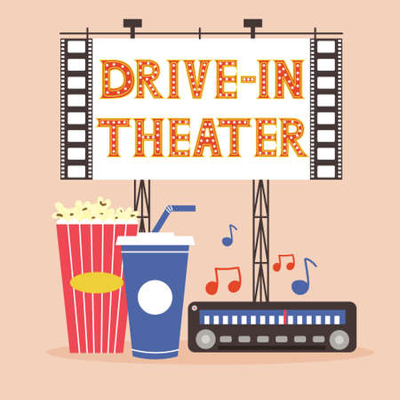Session drive-in theater with popcorn soda and radio. outdoor movie viewing. A cinema in nature for lovers and a large group of friends. Useful pastime with loved ones. modern vector flat illustrationのイラスト素材