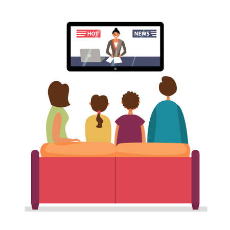 Family Watching TV News. Family evening watching the news. Vector editable illustrationのイラスト素材