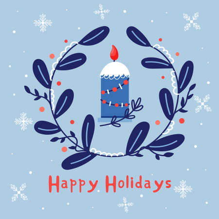 Christmas wreath with candle. Holiday cute elements. New year greeting card Happy Holidaysのイラスト素材