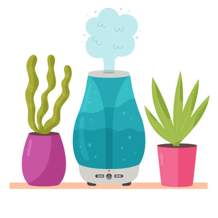 Humidifier with plants. microclimate home appliances. Ecological system for humidifying dry air. modern vector flat illustrationのイラスト素材