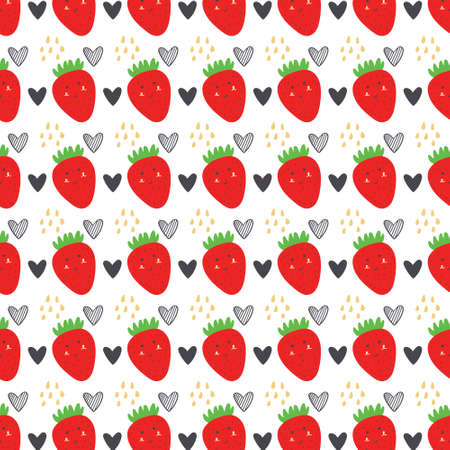 Strawberry and heart pattern. Fruit seamless red vector background