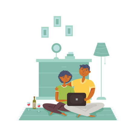 Couple sitting on the floor looking laptop drinking wine. Romantic dinner at home. vector flat illustrationのイラスト素材