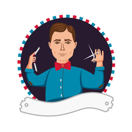 Cartoon barber witch scissors and razor emblemのイラスト素材