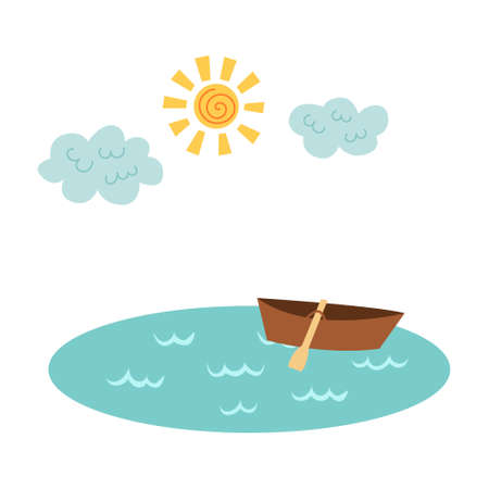 Lake with boat clouds sunshine. Vector hand draw clipartのイラスト素材