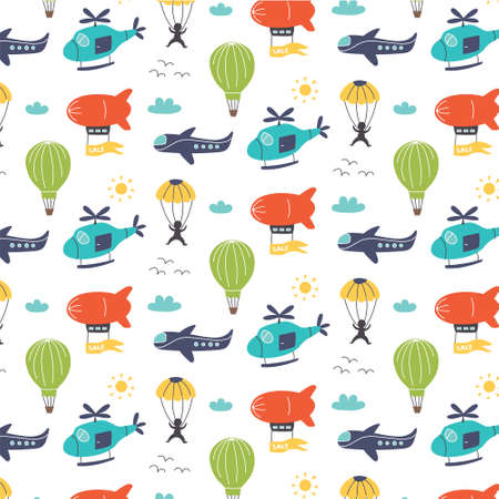 Pattern with air transport dirigible, helicopter, plane, parachutist. Nursery digital paper, vector hand drawn illustrationのイラスト素材
