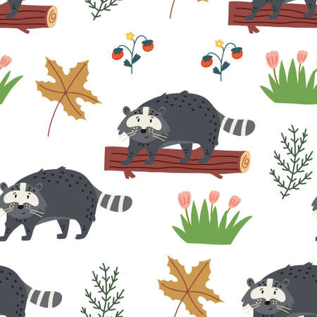 Seamless children pattern forest raccoon. Naive Digital paper, wallpaper for nursery room, baby textile fabric. Baby Shower hand drawn doodle vector designのイラスト素材