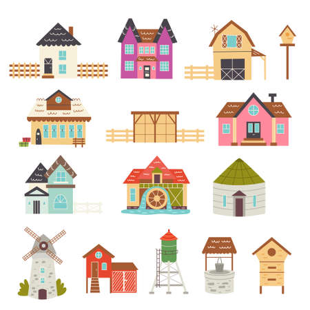 Set of farmhouse buildings. Cottages, railway station, barn, mill, elevator, chicken coop, water tower, well, apiary. Vector hand draw clipartのイラスト素材