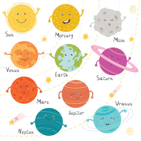 Cute planet solar system. Planetary system: Sun, Moon, Jupiter, Mercury, Earth, Venus, Mars, Saturn,...