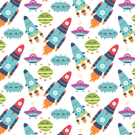 Seamless pattern with rockets and alien ships. Digital paper cosmos space for nursery baby wallpaper, fabric textileのイラスト素材